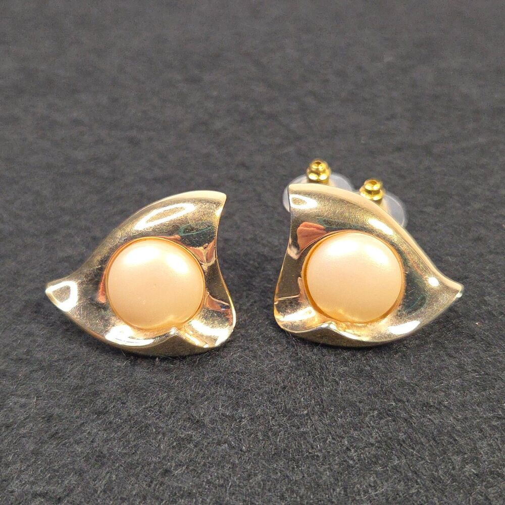 Modernist Wave Faux Pearl Cabochon Gold Tone Stud Earrings